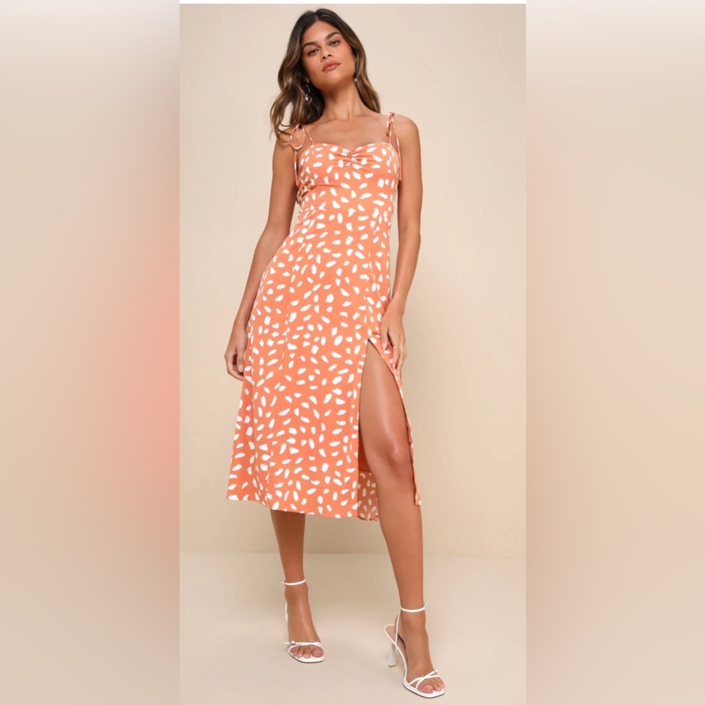 Light Orange Print Tie-Strap Midi Dress